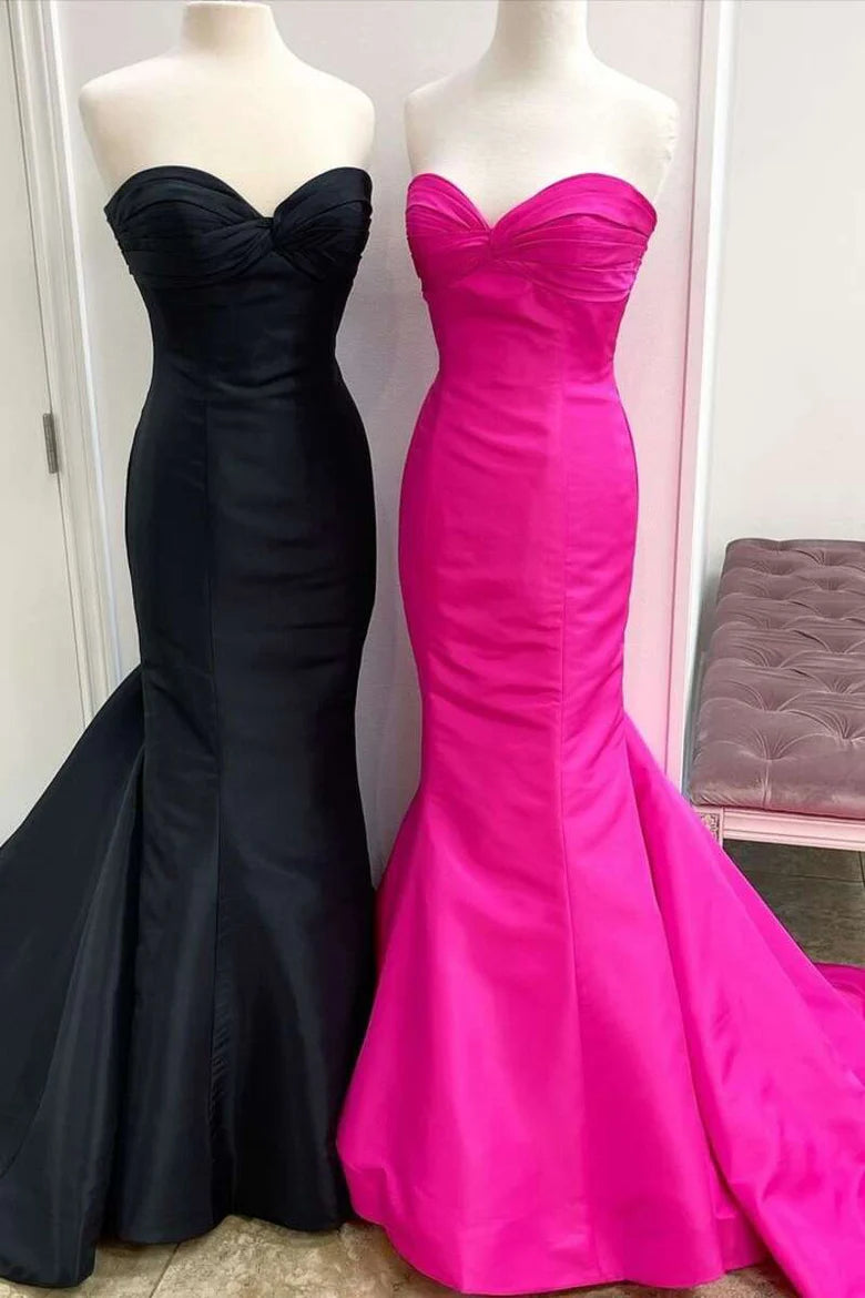 Vestido de fiesta largo con hombros descubiertos, sin mangas, sin tirantes y corte trompeta cruzado al frente